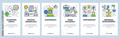 Vector web site linear art onboarding screens template. Business golas, office computer and desk, conference. Menu banners for website and mobile app development. Modern design flat illustration.
