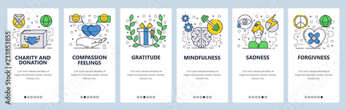 Vector web site linear art onboarding screens template. Human fellings, sadness, mindfulness, forgivness. Menu banners for website and mobile app development. Modern design flat illustration.