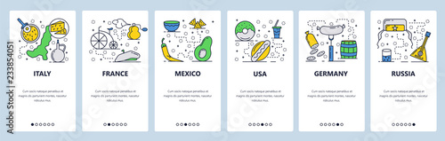 Vector web site linear art onboarding screens template. Toutist landmark and attractions in different countries. France, Italy, Russia, Germany, USA. Menu banners for website and mobile app