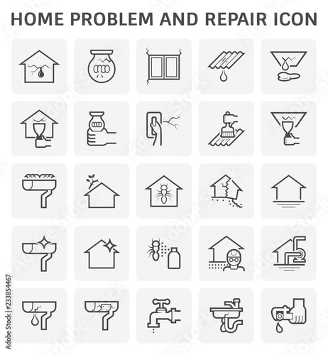 House problem and repair vector icon consist of building, rain gutter, roof, wall, ceiling to crack, damage, broken from old, disaster. Result in water leak, clogged. To fix, maintenance, cleaning.