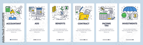 Vector web site linear art onboarding screens template. Accounting, income tax, money investment. Menu banners for website and mobile app development. Modern design flat illustration.