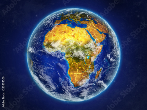 Africa from space on realistic model of planet Earth with country borders and detailed planet surface and clouds.