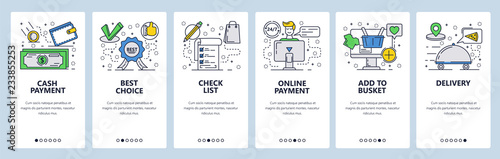 Vector web site linear art onboarding screens template. Online money payments and shopping. Menu banners for website and mobile app development. Modern design flat illustration.