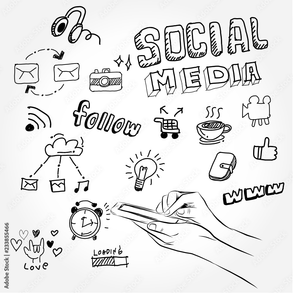 App Development Idea Concept with Doodle design style :Hand drawn vector illustration set of social media sign and symbol mobile elements.