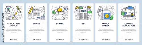 Vector web site linear art onboarding screens template. Online education and school books, test, lunch break. Menu banners for website and mobile app development. Modern design flat illustration.