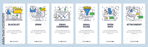 Vector web site linear art onboarding screens template. Email marketing, spam, filter, open rate. Menu banners for website and mobile app development. Modern design flat illustration.