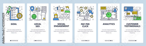 Vector web site linear art onboarding screens template. Digital marketing, SEO, PPC and social analytics. Customer reviews and rating. Menu banners for website and mobile app development. Modern