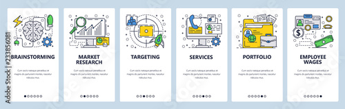 Vector web site linear art onboarding screens template. Market research, targeting and services. Menu banners for website and mobile app development. Modern design flat illustration.