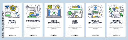 Vector web site linear art onboarding screens template. Video marketing, upload files and online customer service. Menu banners for website and mobile app development. Modern design flat illustration.