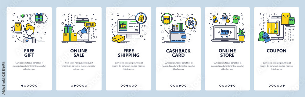 Obraz premium Szablon ekranów onboarding liniowej grafiki wektorowej witryny sieci web. Zakupy online, wyprzedaże i promocje, usługi cashback i płatności. Banery menu do tworzenia stron internetowych i aplikacji mobilnych. Nowoczesny design