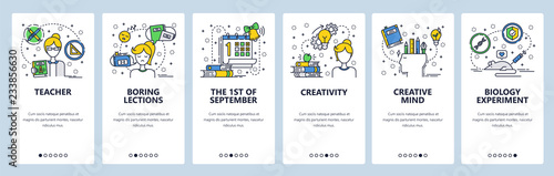 Vector web site linear art onboarding screens template. School education, teacher and boring classes, creative mind. Menu banners for website and mobile app development. Modern design flat