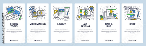 Vector web site linear art onboarding screens template. Graphic design and art, video production and testing. Menu banners for website and mobile app development. Modern design flat illustration.