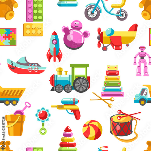 Kid toys vector icons seamless pattern. Children playthings set