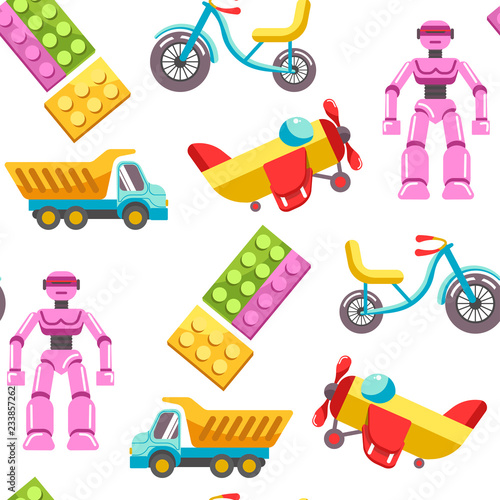 Kid toys vector icons seamless pattern. Children playthings set