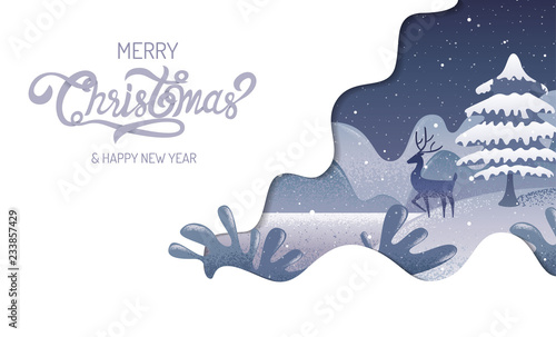 Merry Christmas, happy new year, calligraphy, landscape winter, vector illustration.