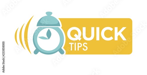 Quick tips logo with alarm clock and big sign.