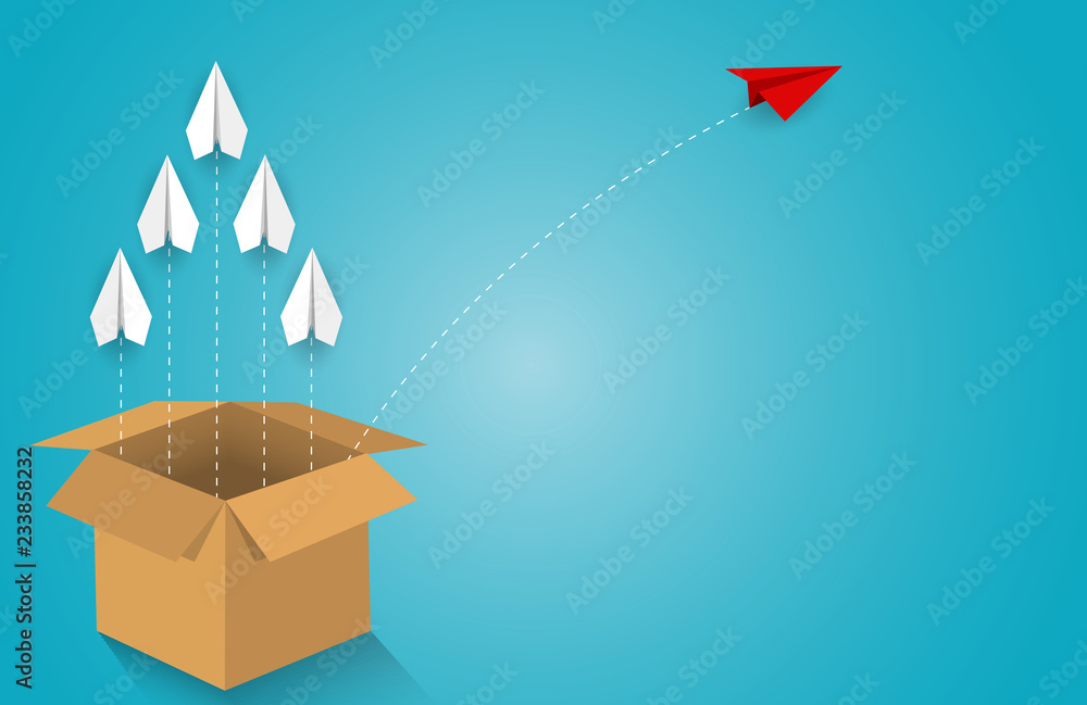 Red paper plane changing direction from white. from the brown box. new ...