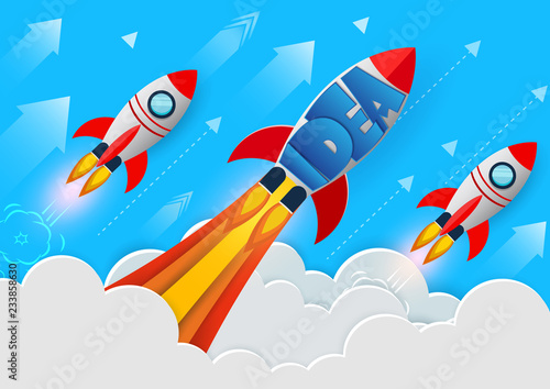 space shuttle launch to the sky. start up business finance concept. competition for success and corporate goal. creative idea. icon. leadership. cartoon vector illustration paper art