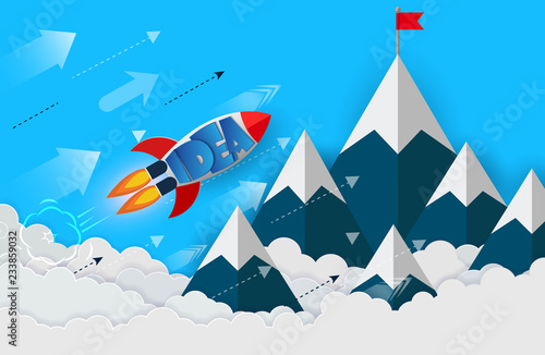 space shuttle launch to the sky. isolated from the blue background.  start up business finance concept. competing for success and corporate goal. creative idea. icon. vector illustration paper art