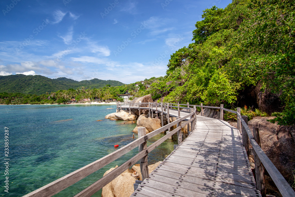 Fototapeta premium Bright beautiful tropical landscape, wooden walkway along the seashore