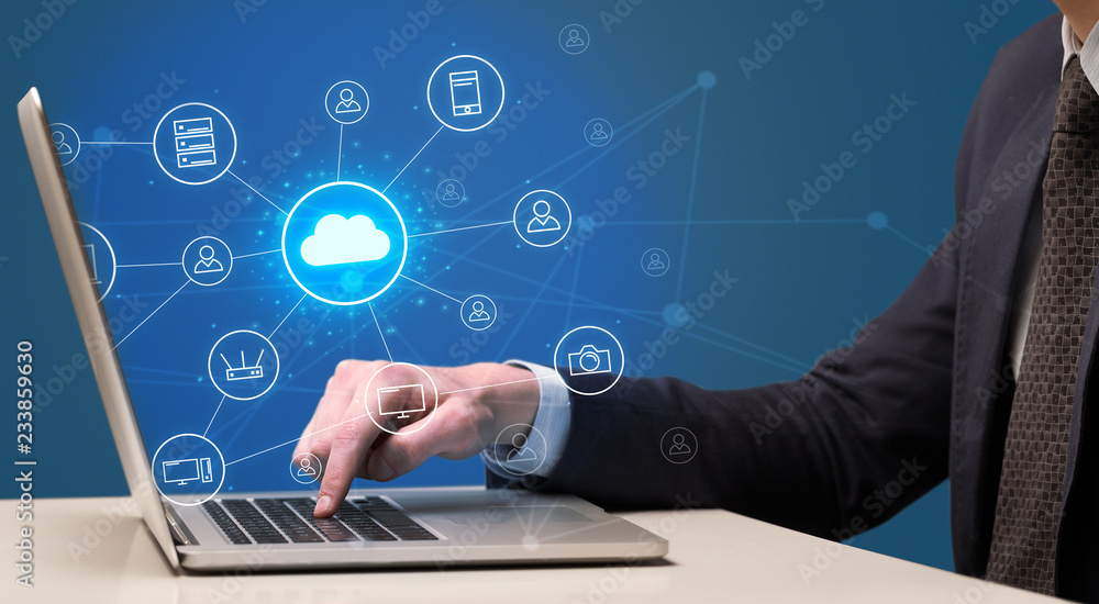 Businessman hand typing with cloud technology system and office symbol concept
Businessman hand typing with cloud technology system and office symbol concept