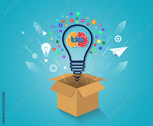 creative idea concept. think outside the box brain icon light bulb. business financial success concept. cartoon vector illustration . startup.