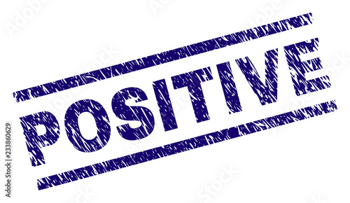 POSITIVE seal stamp with distress style. Blue vector rubber print of POSITIVE text with dust texture. Text caption is placed between parallel lines.