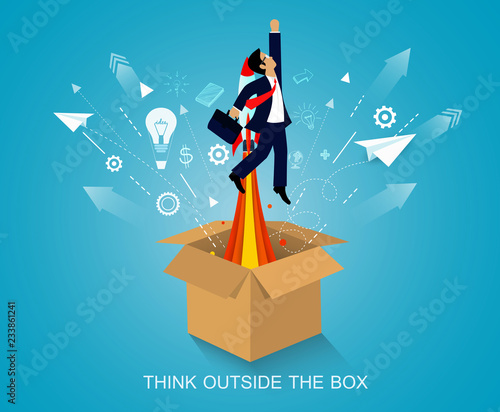 think outside the box. space shuttle launch to the sky. on background blue. start up business concept. creative idea. leadership. cartoon vector art and illustration
