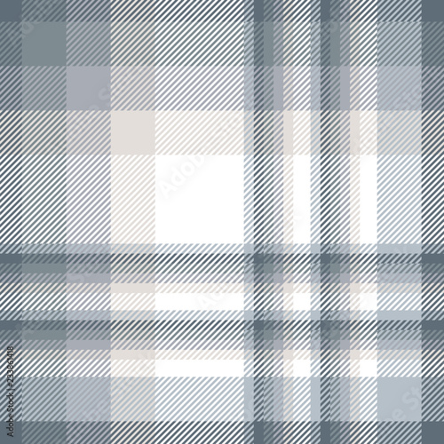 Plaid pattern in grayish blue, faded beige and white. 