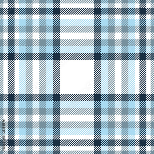 Plaid pattern in navy, blue, cyan gray and white. 