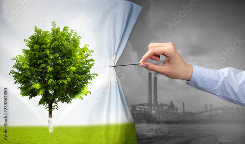 Plakat hand pulling nature cityscape curtain to gray cityscape, environmental protection concept