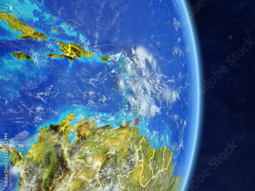 Caribbean on planet planet Earth with country borders. Extremely detailed planet surface and clouds.