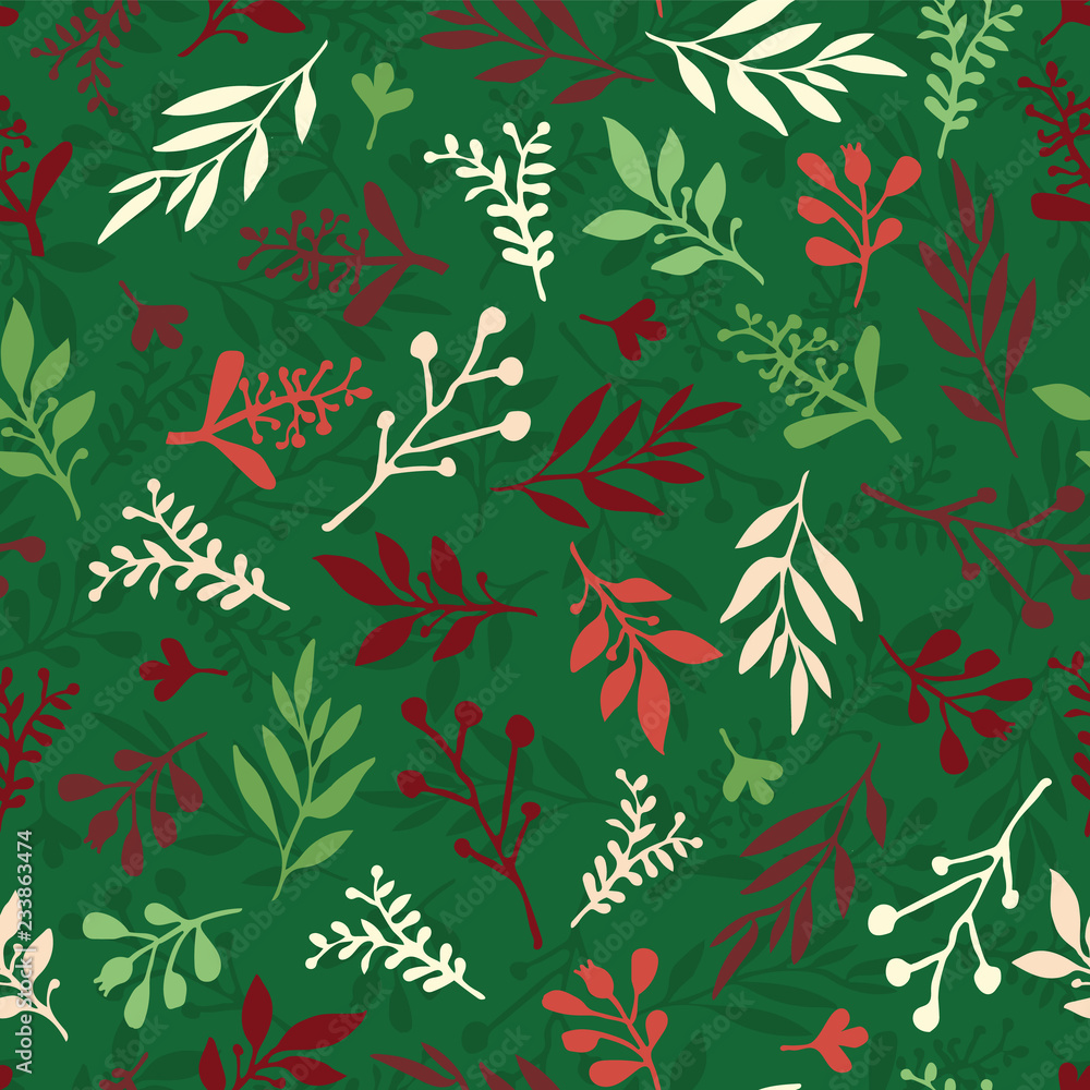 Fototapeta premium Seamless Christmas vector background with abstract leaves red, green, beige. Simple leaf texture, endless foliage pattern. Holiday background. Paper, pattern fill, web banner, fabric, invitation, card