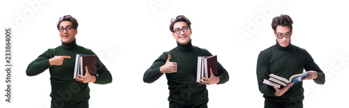 Nerd young student with books isolated on white