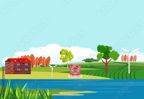 Countryside theme vector illustration, river, houses, village.