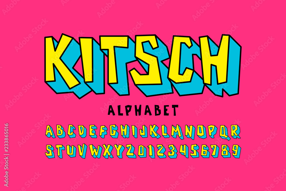 Kitch style font, pop art alphabet letters and numbers - obrazy, fototapety, plakaty 