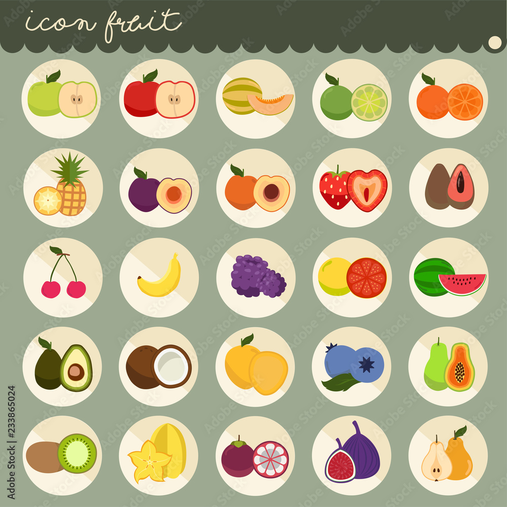 25 set Basic Flat design, colors of fruits vector collections, Set of fruits are apple, banana, orange, grapes, cherries, strawberry, lemon, Isolated on green background, part 1 - icons illustration.