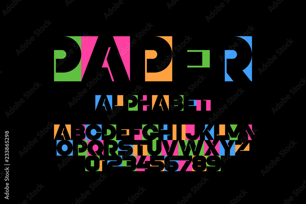 Naklejka Papierowa czcionka, litery alfabetu i cyfry wektor