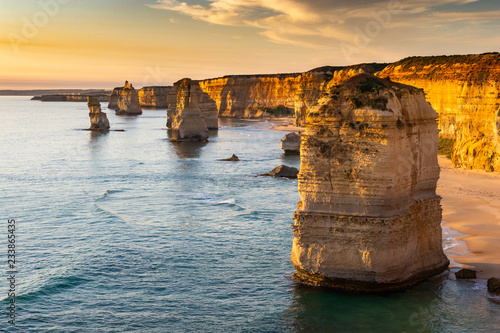 The rock stacks that comprise the Twelve Apostles at sunset in Port Campbell National Park. Great Ocean Road, Victoria State, Australia.