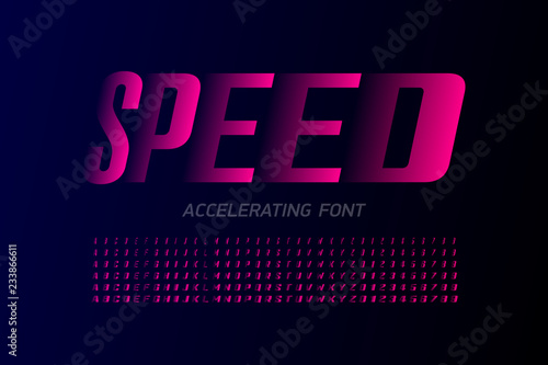 Speed style modern font, accelerating set of alphabet letters and numbers