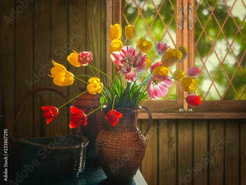 Still life with bouquet of beautiful flowers photo