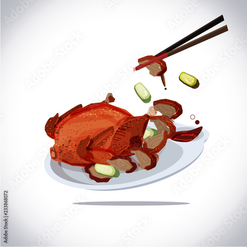 peking duct. roast duck searv in dish with sauce and cucamber. traditional chinese food - vector