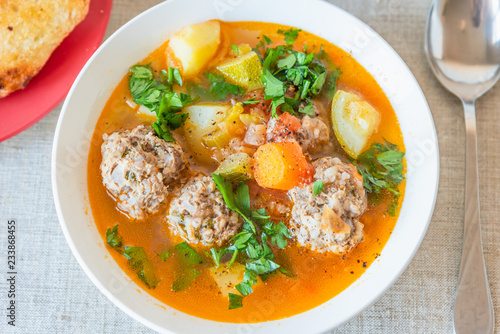 Spanish soup with meatballs and vegetables - Albondigas