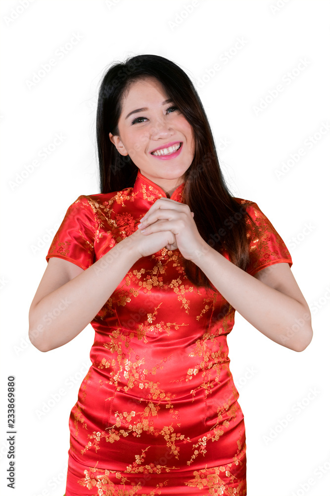 Happy woman giving gong xi fa chai greetings Happy woman giving gong xi fa chai greetings