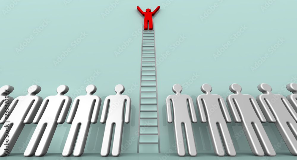 Career ladder. Concept. The red symbol of a man on the staircase rises above the row of whites. Isolated. 3D Illustration Career ladder. Concept. The red symbol of a man on the staircase rises above the row of whites. Isolated. 3D Illustration
