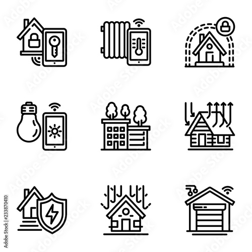 Intelligent building icon set. Outline set of 9 intelligent building vector icons for web design isolated on white background