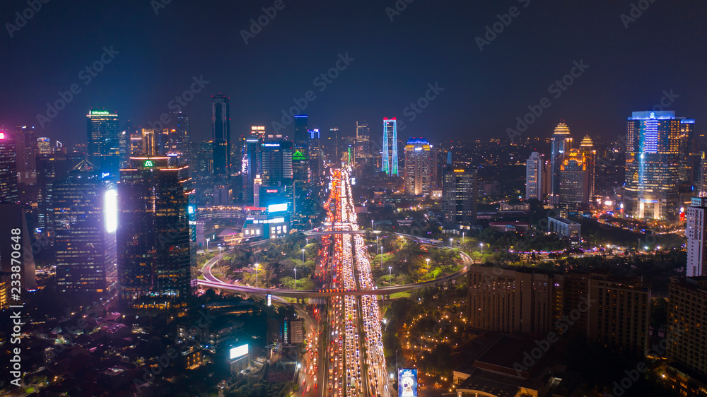Fototapeta premium Night view of Semanggi highway with heavy traffic