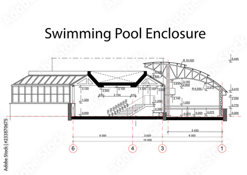 Detailed achitectural drawing of swimming pool enclosure with measurements. Technical industrial vector illustration photo