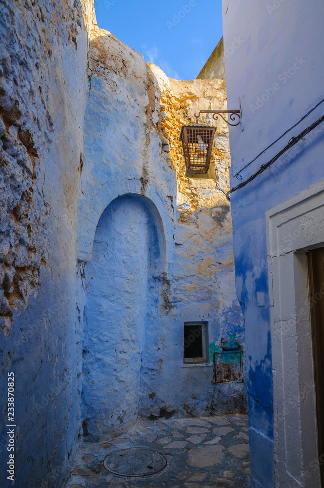 Oriental narrow street with blue houses in Medina, Hammamet Tunisia