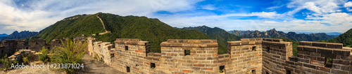Panorama of one of remote parts of the Great Wall of China in the Mutianyu village near Beijing photo